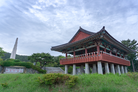 The monument of Admiral Yi Sun-Sin and traditional Korean style pavilion at Okpo great vitory commemoative park  on Geoje island, Gyeongsangnam-do, South Korea.のeditorial素材
