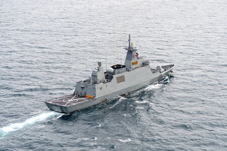 CHONBURI, THAILAND - AUGUST 20, 2019: HTMS Bhumibol Adulyadej, stealth frigate of Royal Thai Navy sails in the sea during the 20th Sea Garuda 2019 Bilateral Naval Exercise.のeditorial素材