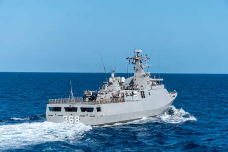 CHONBURI, THAILAND - AUGUST 18, 2019:  KRI Frans Kaisiepo (368) corvette of Indonesian navy sails parallel with other ship to perform replenishment at sea.のeditorial素材