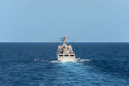 CHONBURI, THAILAND - AUGUST 18, 2019: KRI Frans Kaisiepo (368) corvette of Indonesian navy sails in the sea during Sea garuda Exercise 2019 between Royal Thai navy and Indonesian navy in Thailand.のeditorial素材
