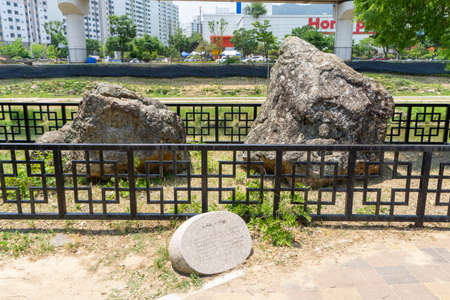 GIMHAE, SOUTH KOREA - JUNE 18, 2017 : Symbol of shield ornaments on the footpath tiles in Gimhae, South Gyeongsang province, South Korea.のeditorial素材