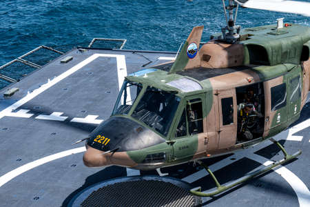 CHONBURI, THAILAND - JULY 9, 2020: The Bell 212 helicopter of royal Thai navy lands on the flight...