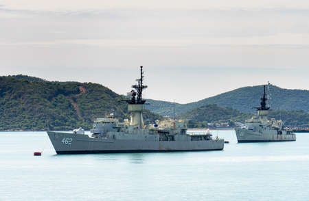 CHONBURI, THAILAND -  JULY,9 2020 : The retired Royal Thai Navy frigate HTMS Phutthaloetla Naphalai (FF 462) and HTMS Phutthayodfa Chalalok (FF461) anchor in the Sattahip harbour.のeditorial素材