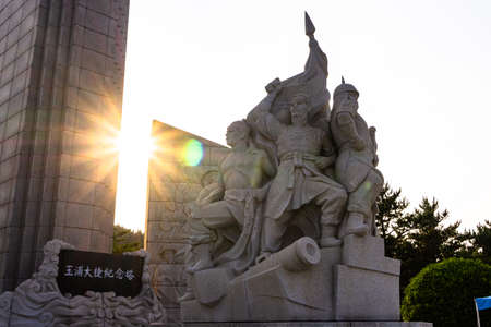 GEOJE, SOUTH KOREA - MAY 20, 2018 : The monument of Admiral Yi Sun-Sin at Okpo great vitory commemoative park  on Geoje island, Gyeongsangnam-do, South Korea.のeditorial素材