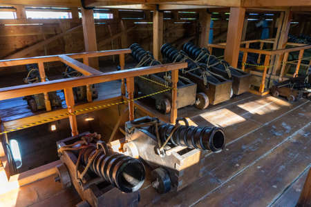 GEOJE, SOUTH KOREA - JUNE 15, 2017: Replica of ancient cannon inside Geobukseon or Korean traditional turtle warship.のeditorial素材