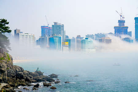 BUSAN,SOUTH KOREA - JULY 20, 2017:  The famous Haehundae beach and bay with thick large mist blow from the sea to the land and pass through skyscrapers in the area.のeditorial素材