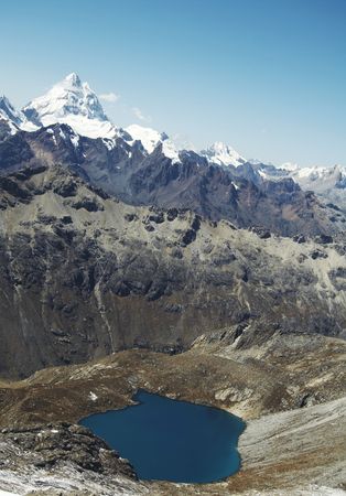 Blue lake and high snow mountain in Cordillera Blancaの写真素材