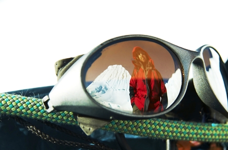 Climber reflection in the eyeglassesの写真素材
