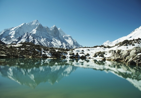 Bhagirathi Parbat peak and lake on Tapoban in Himalayanの写真素材