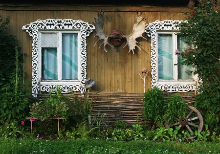 Elk heard on wood hunter buildingの写真素材