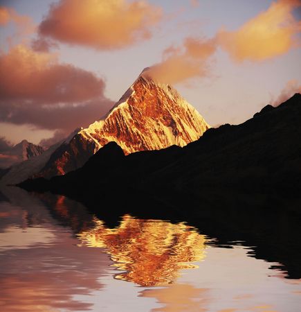 Bright sunset in mountainの写真素材