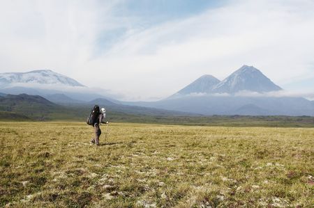 Male in hiking on Kamchatkaの写真素材