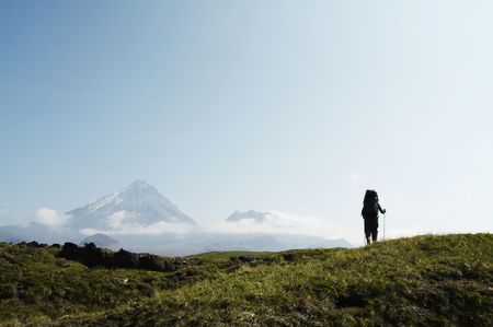 Male in hiking on Kamchatkaの写真素材