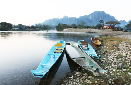 boats in Vang Vieng, Laosの写真素材