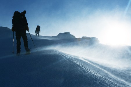 Hike in winter mountainの写真素材