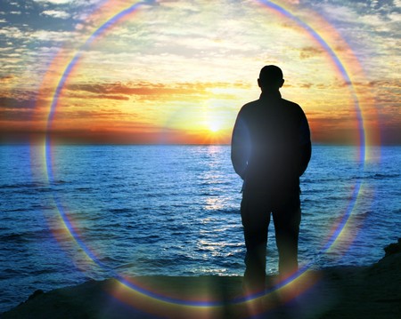 men silhouette on the sea backgroundの写真素材