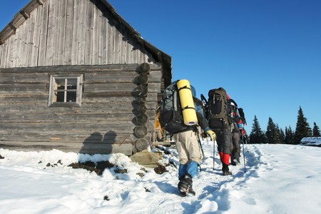 Hike in winter mountainsの写真素材