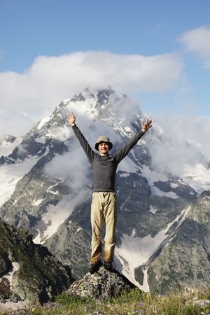 happy boy in mountainsの写真素材