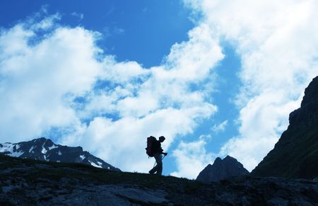 Backpackers family  in  mountainsの写真素材