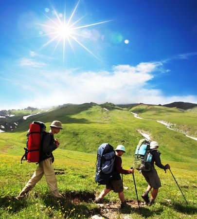 Hiker in mountainsの写真素材