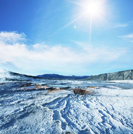 Man on thermal hot springの写真素材