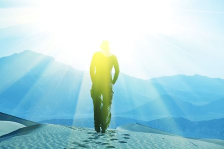 Hike in sand desertの写真素材