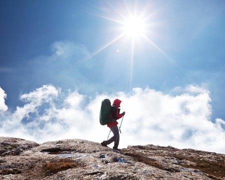Hiker in Himalayan mountainsの写真素材