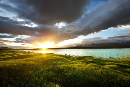 Sunrise scene on lakeの写真素材