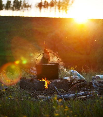 Old kettle in campingの写真素材
