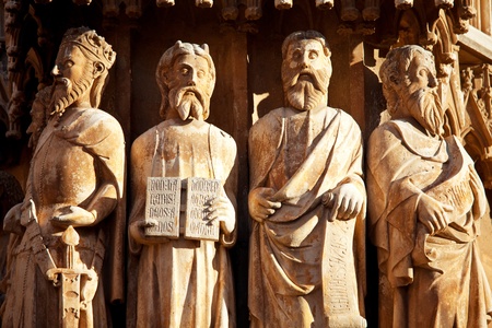 The figures of saints on the Catholic cathedral, Tarragona,Spainの写真素材