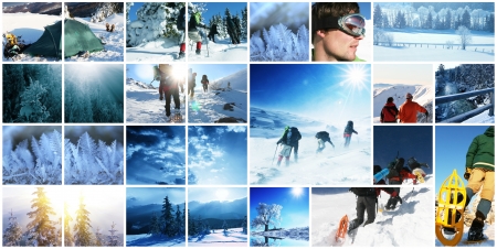 hikers with snowshoes in winterの写真素材