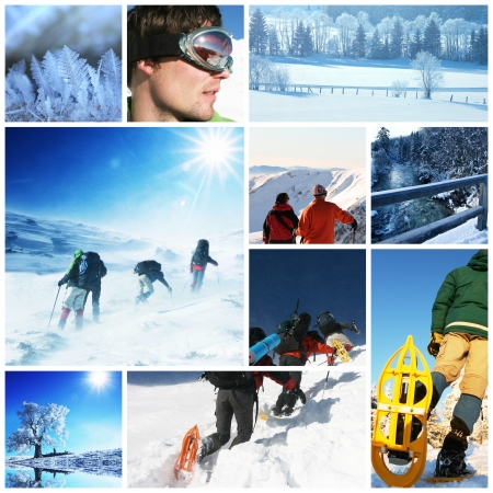 hikers with snowshoes in winterの写真素材