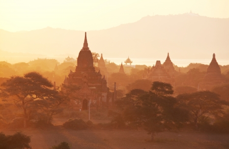 Bagan at sunset in Myanmarの写真素材