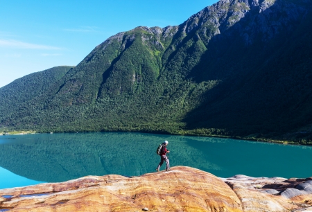 hike in Norway mountains,Svartisen Glacierの写真素材