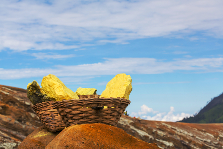 sulfur mining industry in Ijen volcano, Java,Indonesiaの写真素材