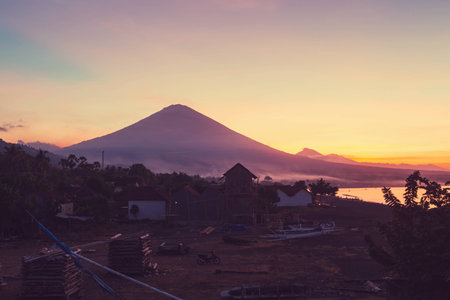 Volcano Agung and Amed beach, Bali, Indonesiaの写真素材