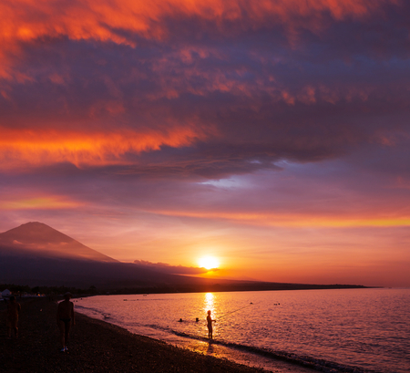 Volcano Agung and Amed beach, Bali, Indonesiaの写真素材