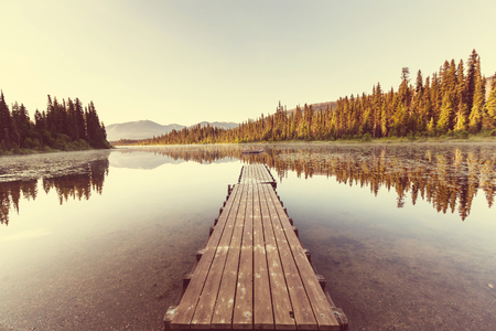 Lake landscape with the wooden jettyの写真素材