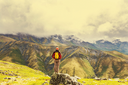 Hiking man in the mountainsの写真素材