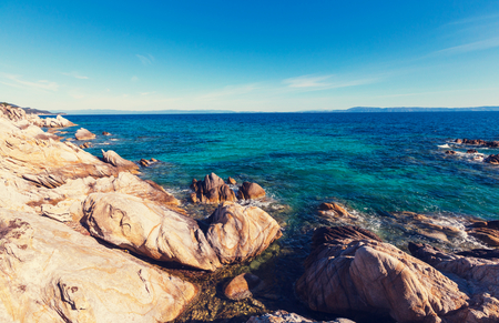Beautiful rocky coastline in Greeceの写真素材