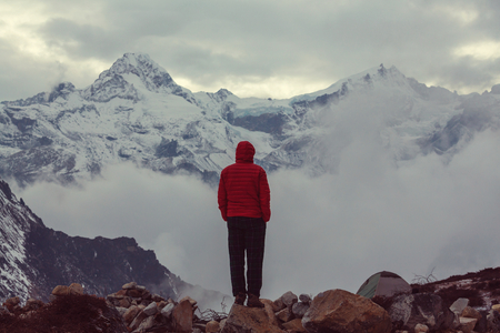 Hiker in Himalayas mountain. Nepalの写真素材