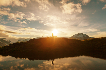 Hiking man in the mountainsの写真素材