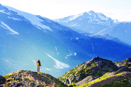 Hiking man in the mountainsの写真素材