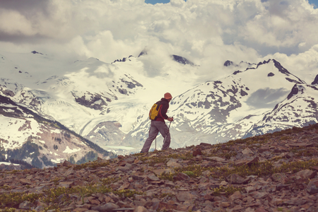 Hiking man in the mountainsの写真素材