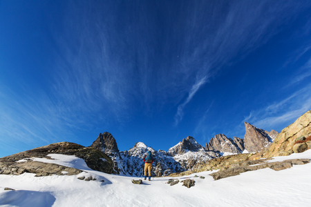 Man with hiking equipment walking in Sierra Nevada  moutntains,California,USAの写真素材