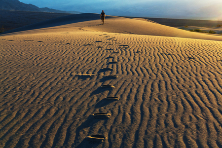 Hiker in sand desert. Sunrise time.の写真素材