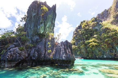 Amazing scenic view of sea bay and mountain islands, Palawan, Philippinesの写真素材