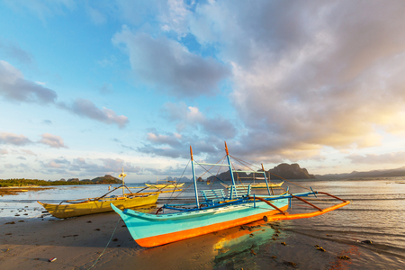 Traditional Philippino boat in the sea, Palawan island, Philippinesの写真素材