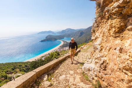 Hiking in famous Lycian Way in the Turkey. Backpacker in the trail.の写真素材
