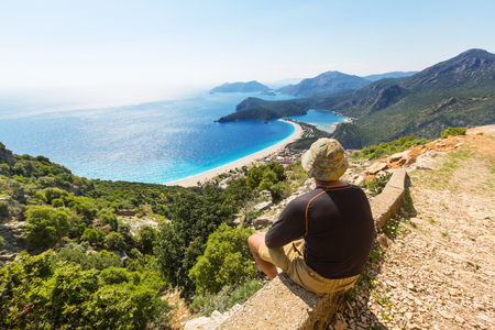 Hiking in famous Lycian Way in the Turkey. Backpacker in the trail.の写真素材